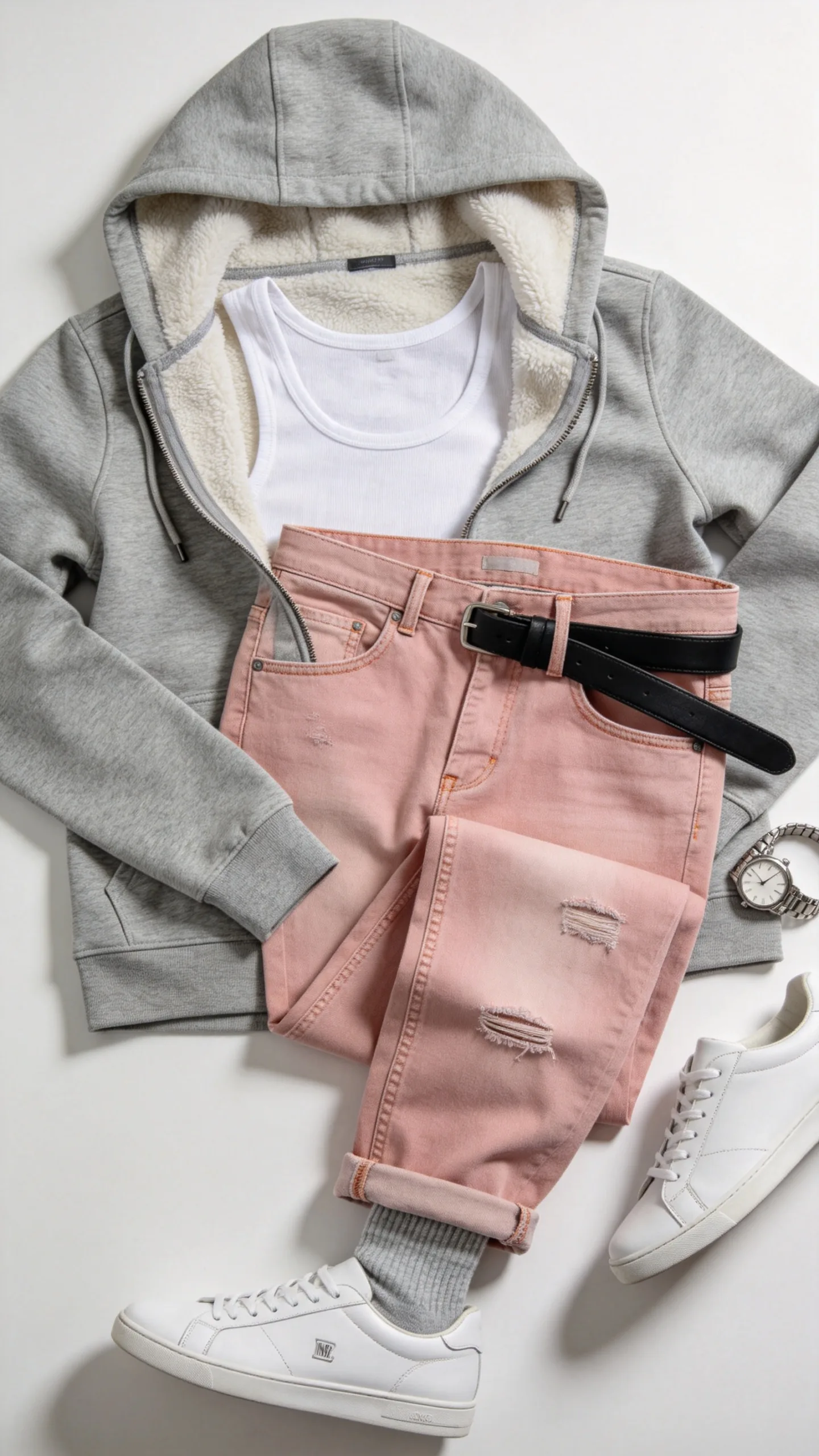 11. Athletic Grey Zip-Up Hoodie and Casual Pastel Pink Jeans