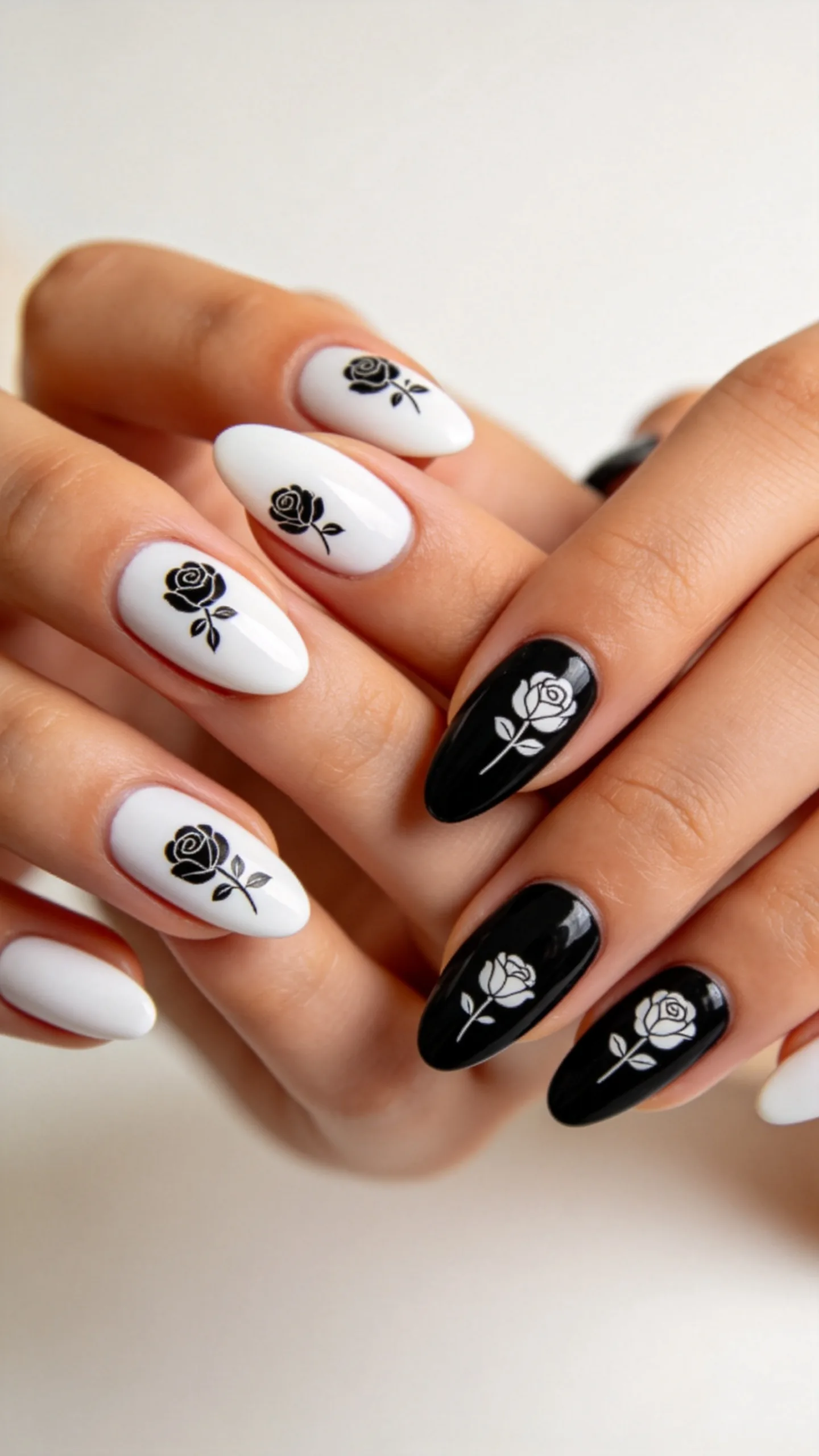 11. Dainty Floral White and Black Nails Ideas for Spring