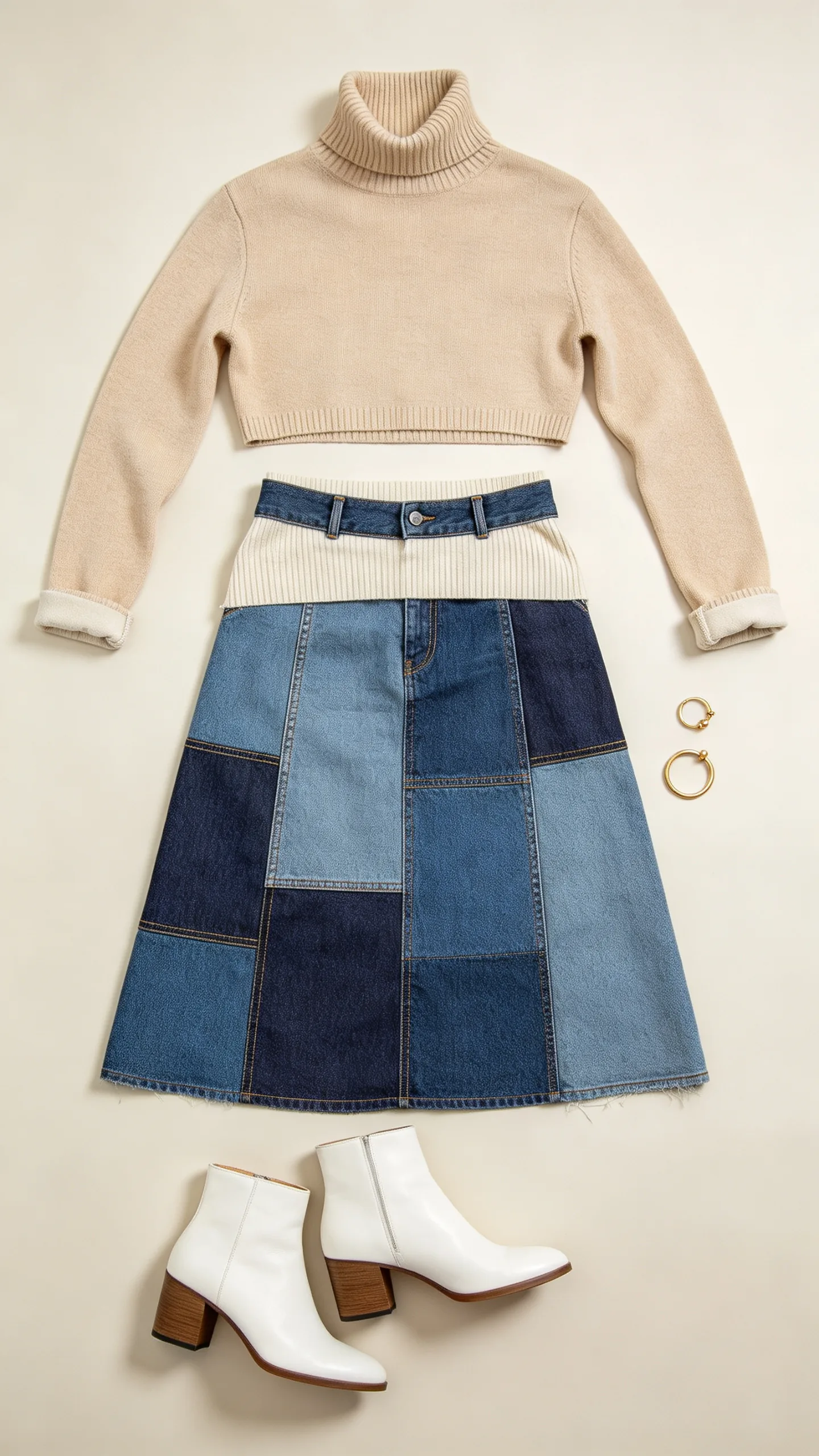 11. Patchwork Denim Skirt with Neutral Turtleneck Sweater