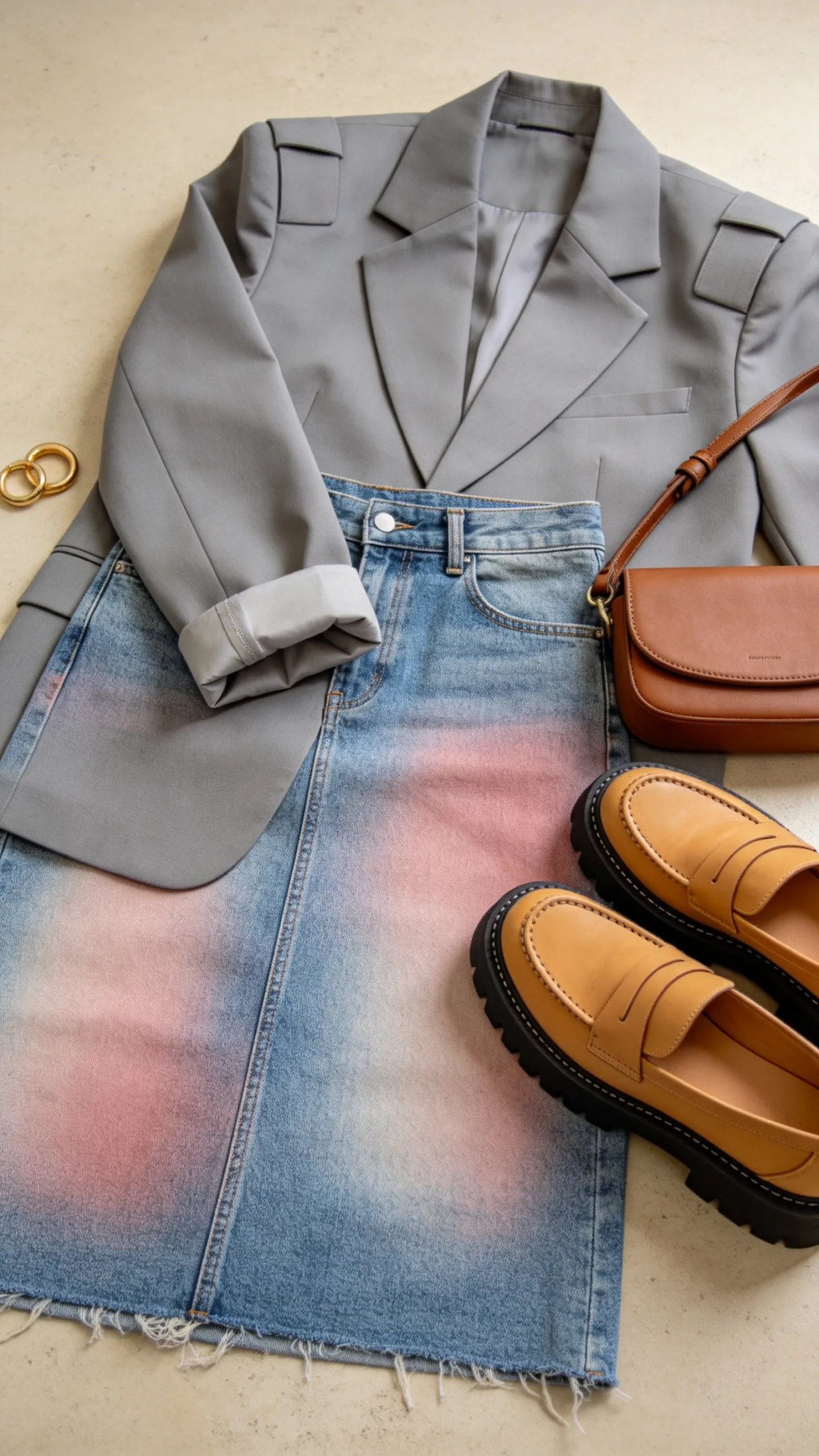 12. Acid Wash Denim Skirt with Oversized Blazer and Chunky Loafers