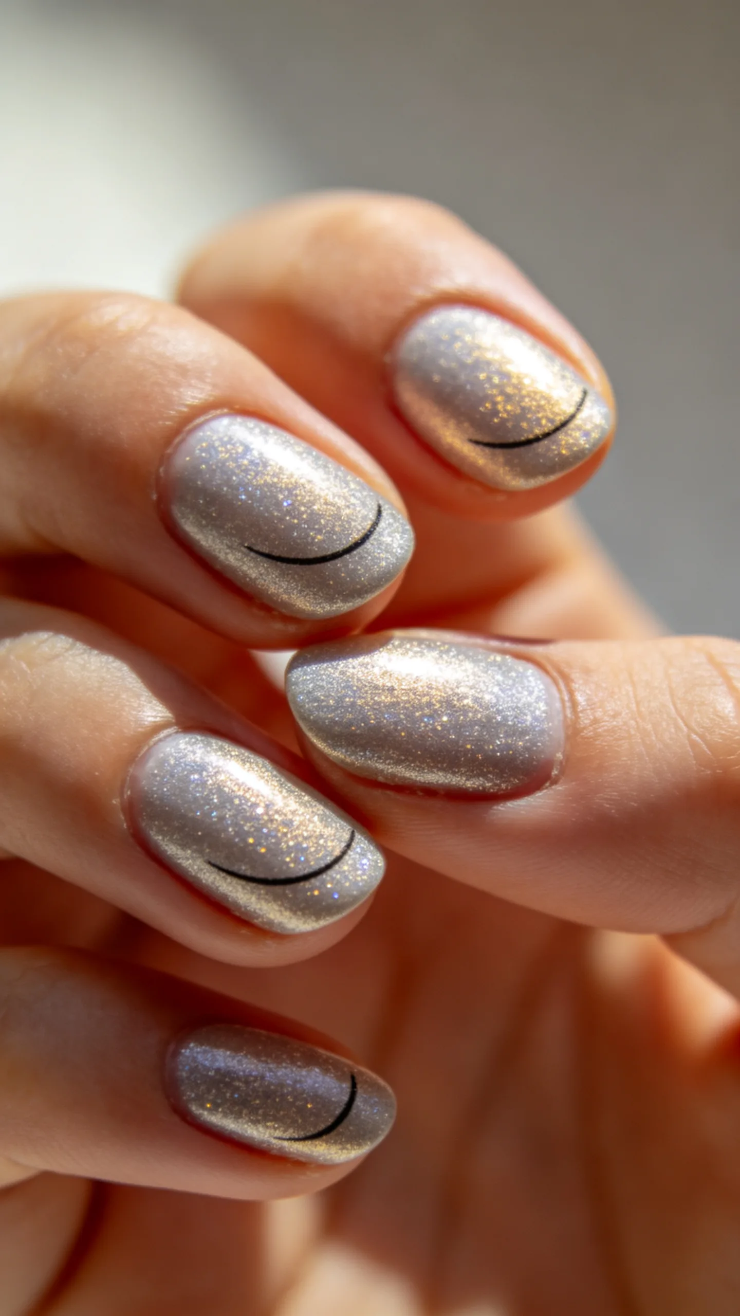 12. Silver Glitter Dust Smile Line on Round Nails