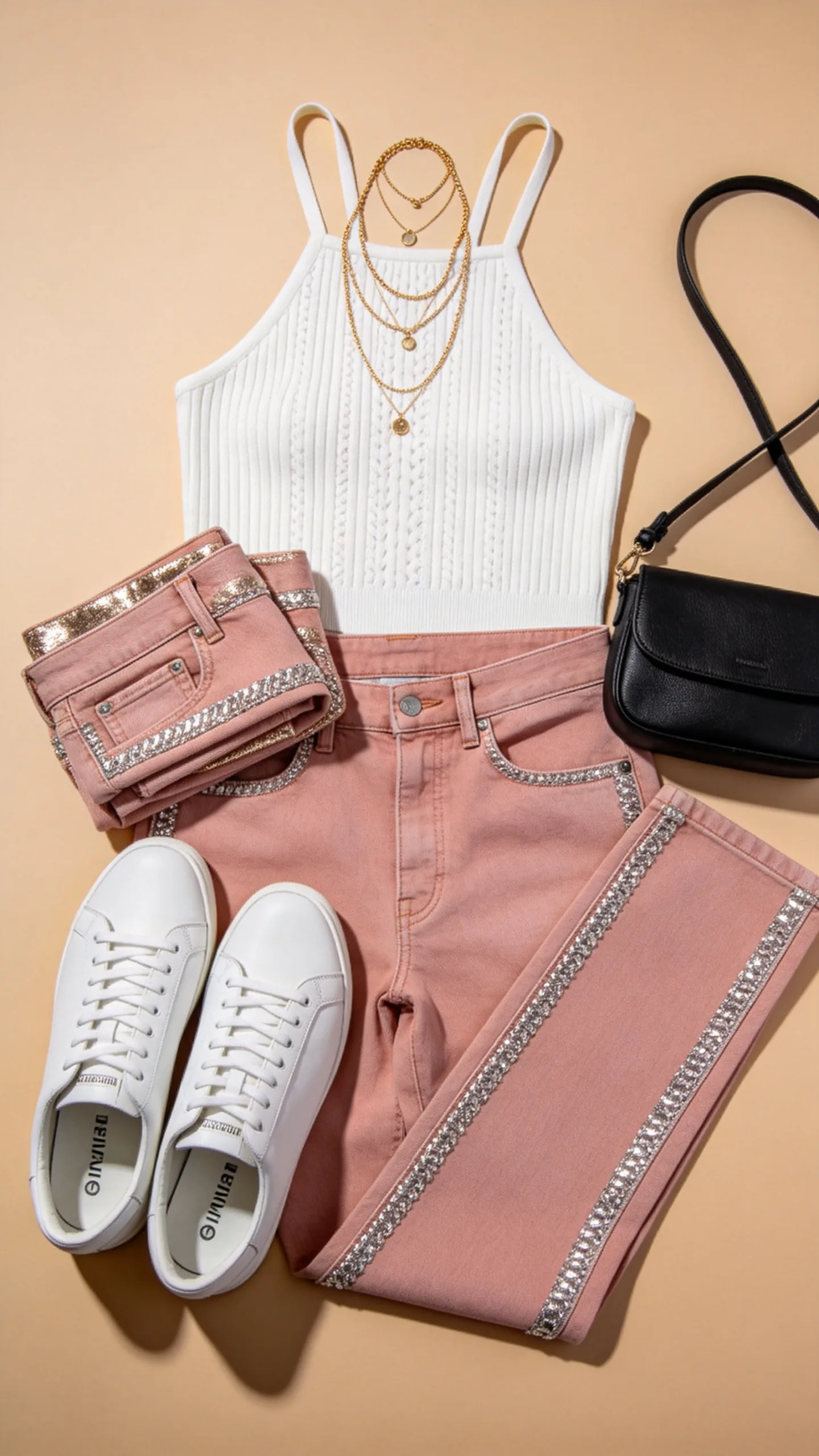 12. Sleeveless White Knit Halter with Metallic-Detailed Pink Denim