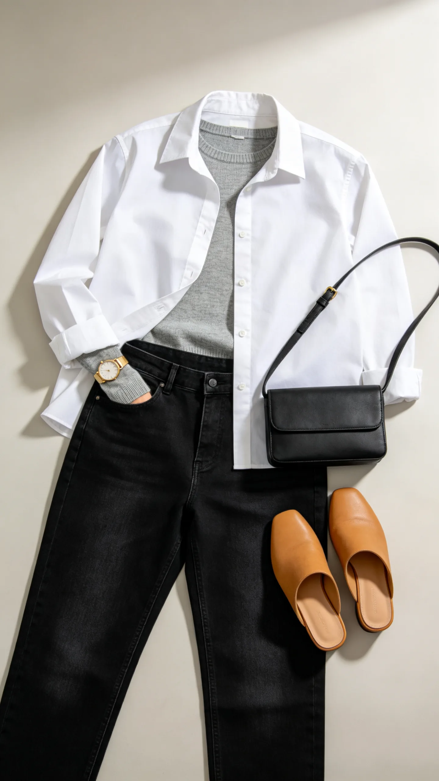 12. Smart Casual Balance: Straight Black Jeans with an Oxford Shirt and Mules