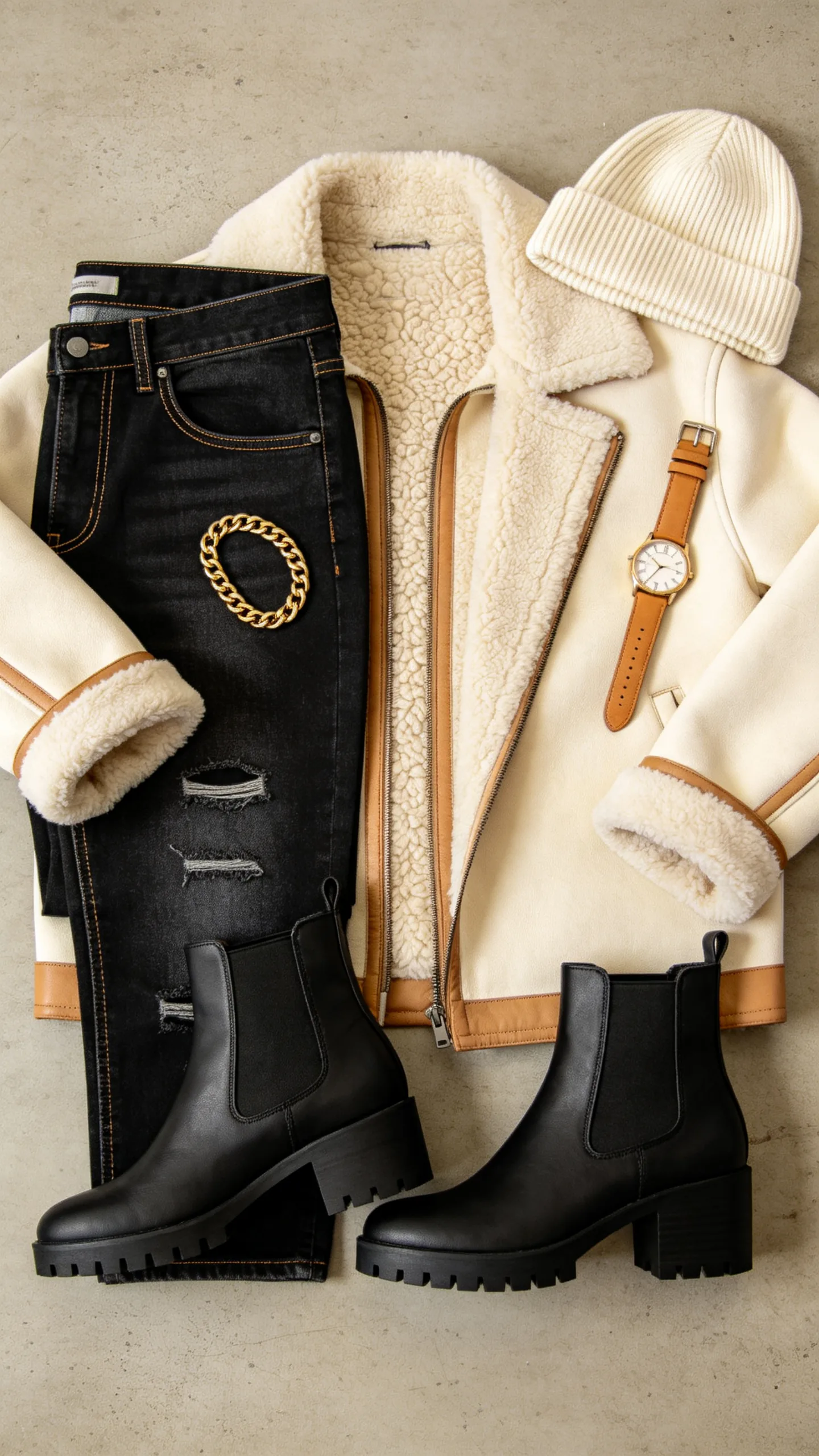 13. Cozy Textures: Black Jeans with a Cream Shearling Jacket and Chelsea Boots
