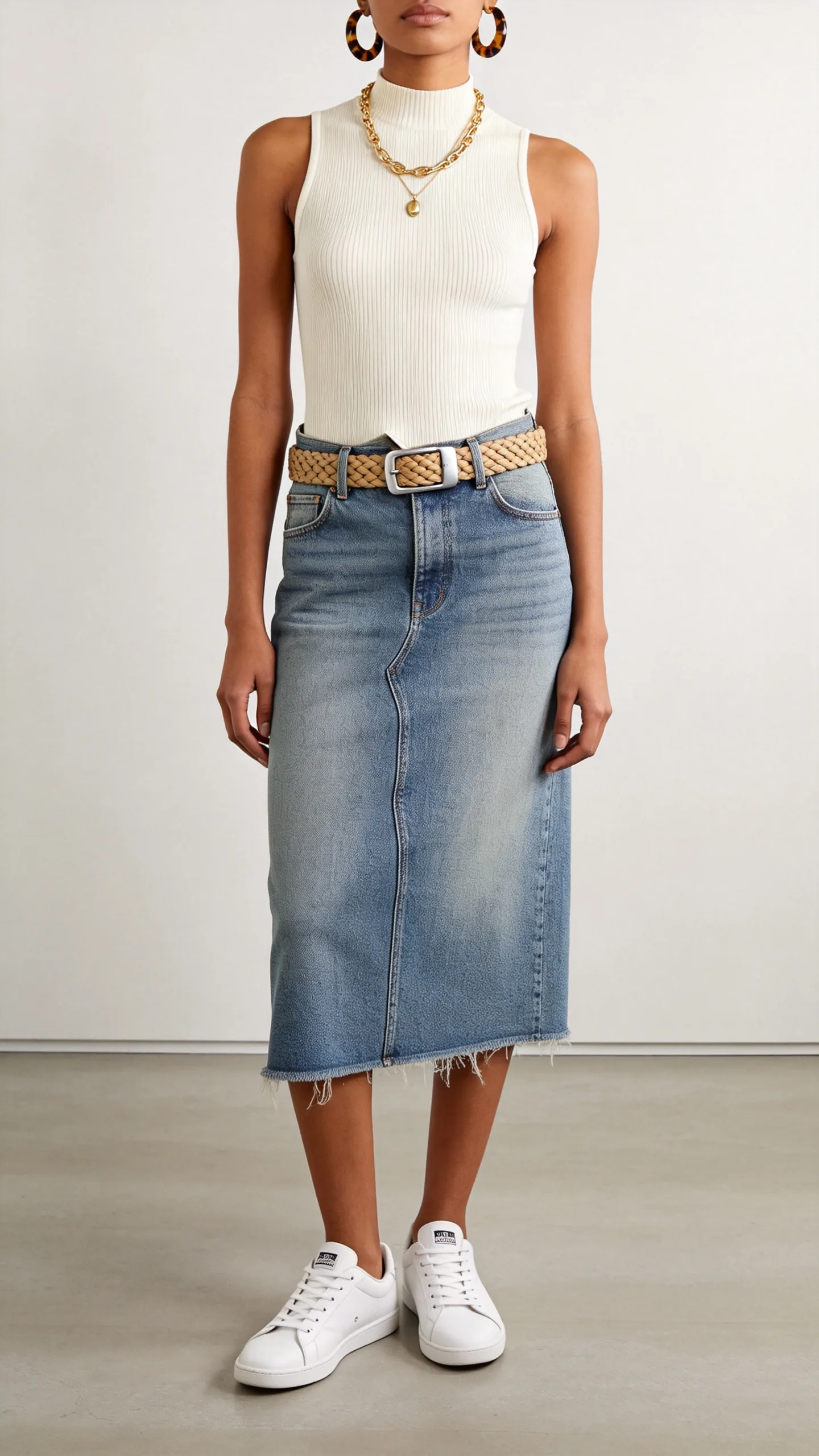 13. Knee-Length Denim Skirt with Sleeveless Mock-Neck Bodysuit