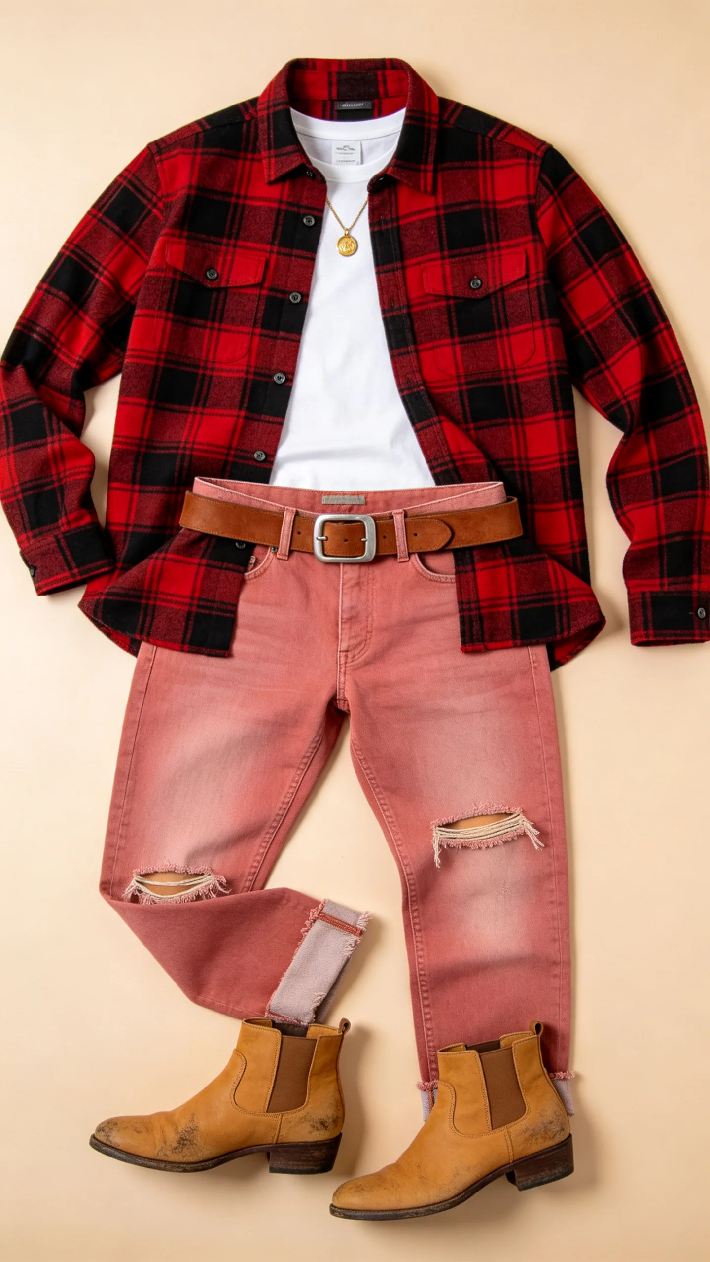 13. Plaid Flannel Button-Down and Distressed Rose-Colored Jeans