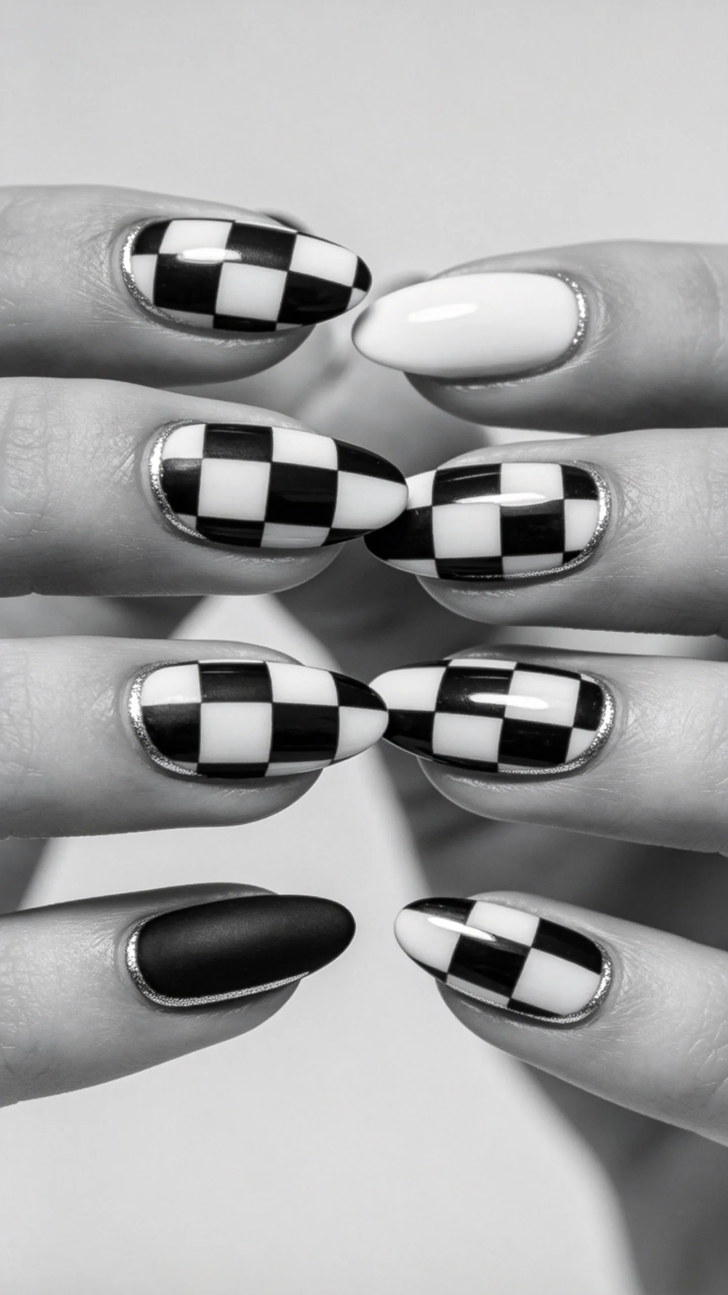 14. Checkerboard Grid Style Nails Ideas Black and White Minimalist