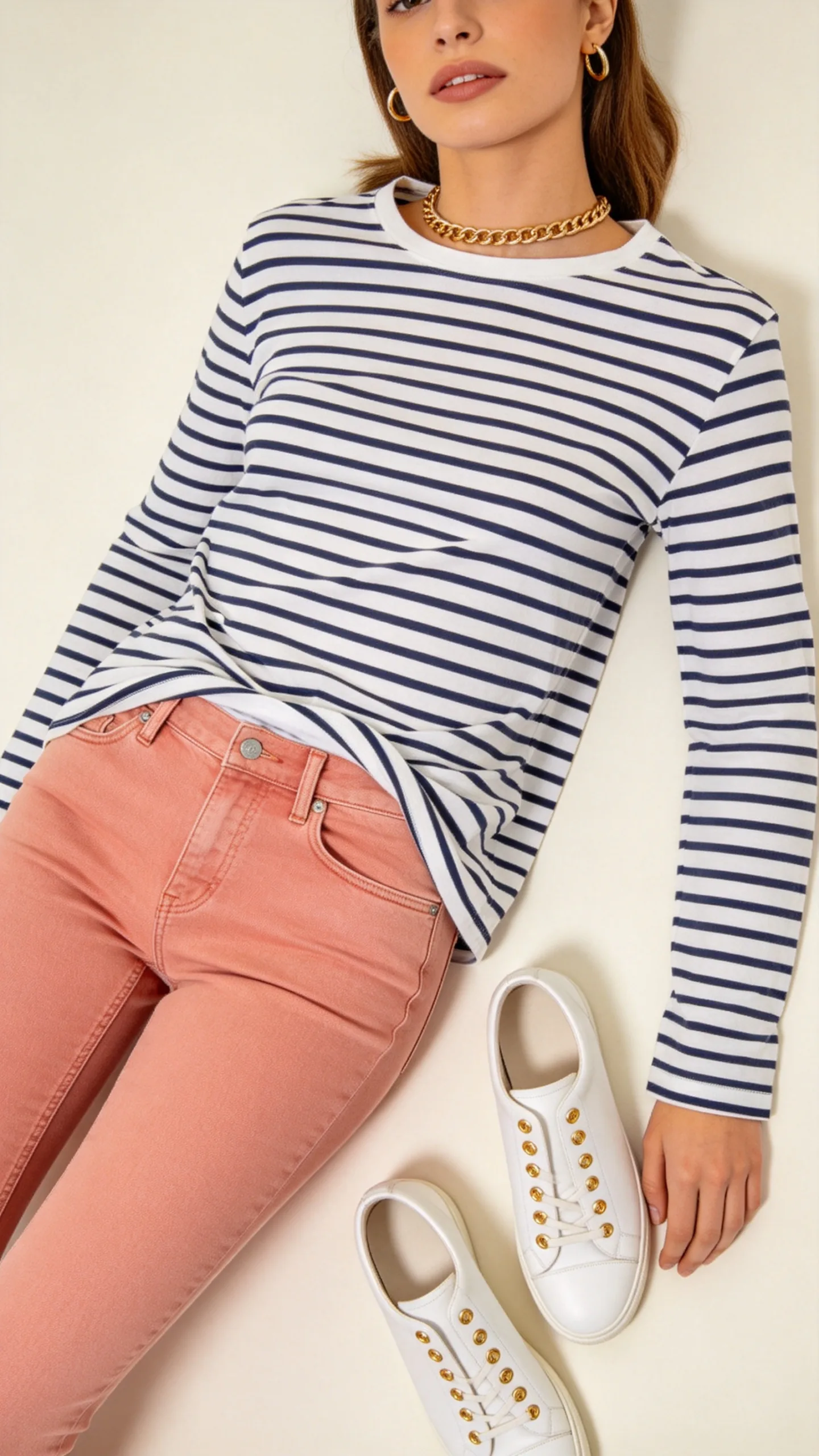 14. Classic Striped Long Sleeve Tee with Peach-Pink Slim-Fit Denim