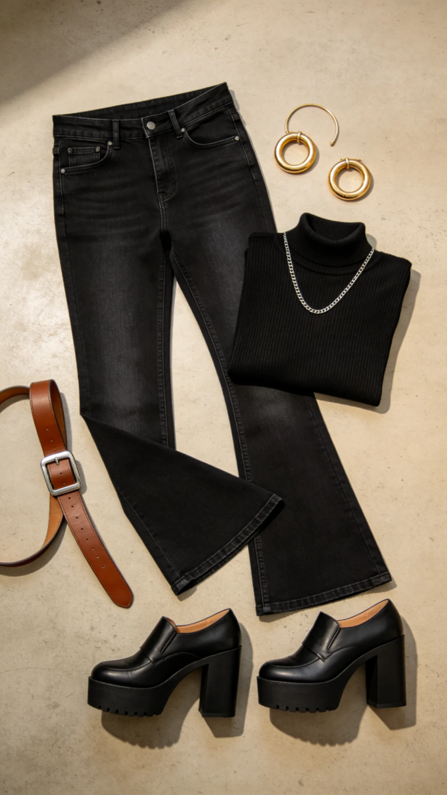 14. Retro Silhouette: Flare Black Jeans with a Fitted Mock-Neck and Platforms