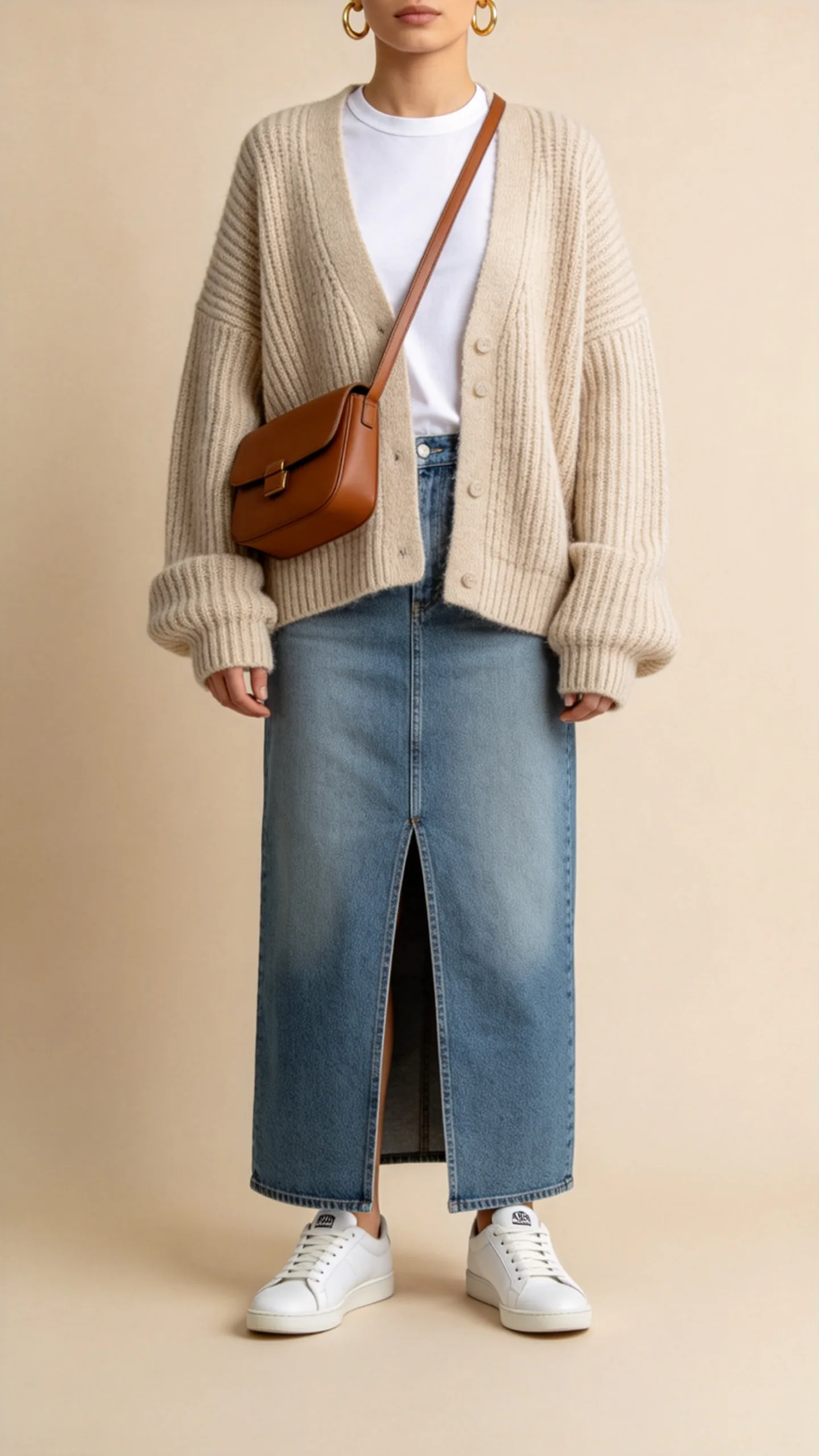 14. Split-Front Long Denim Skirt with Chunky Knit Cardigan