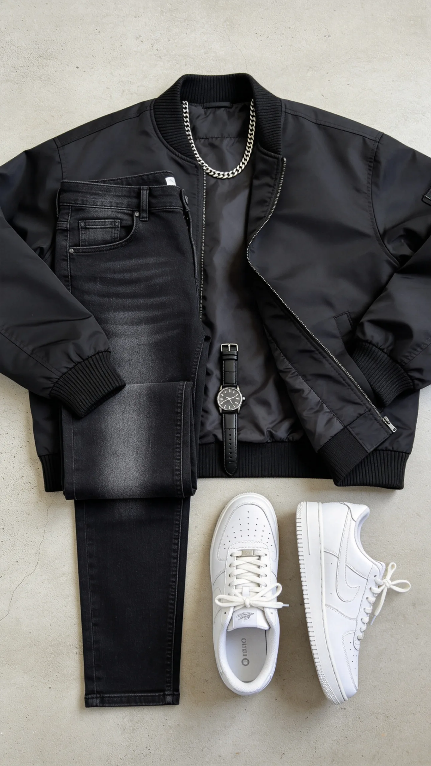 15. Sporty Minimalist: Black Skinny Jeans with a Bomber Jacket and Sneakers