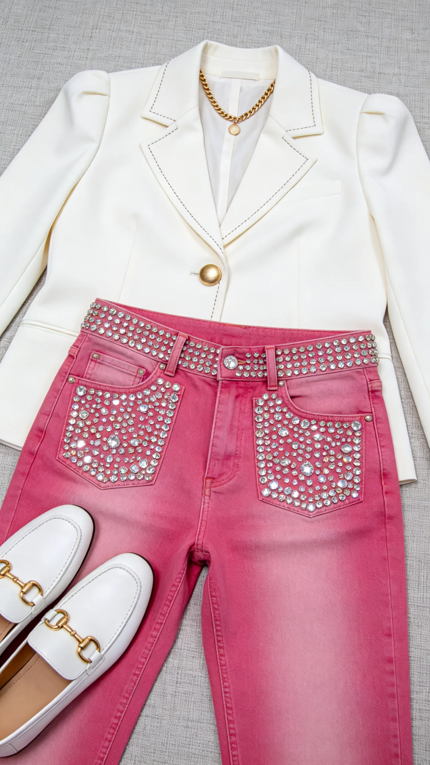 15. Tailored White Blazer and Statement Hot Pink Rhinestone Jeans