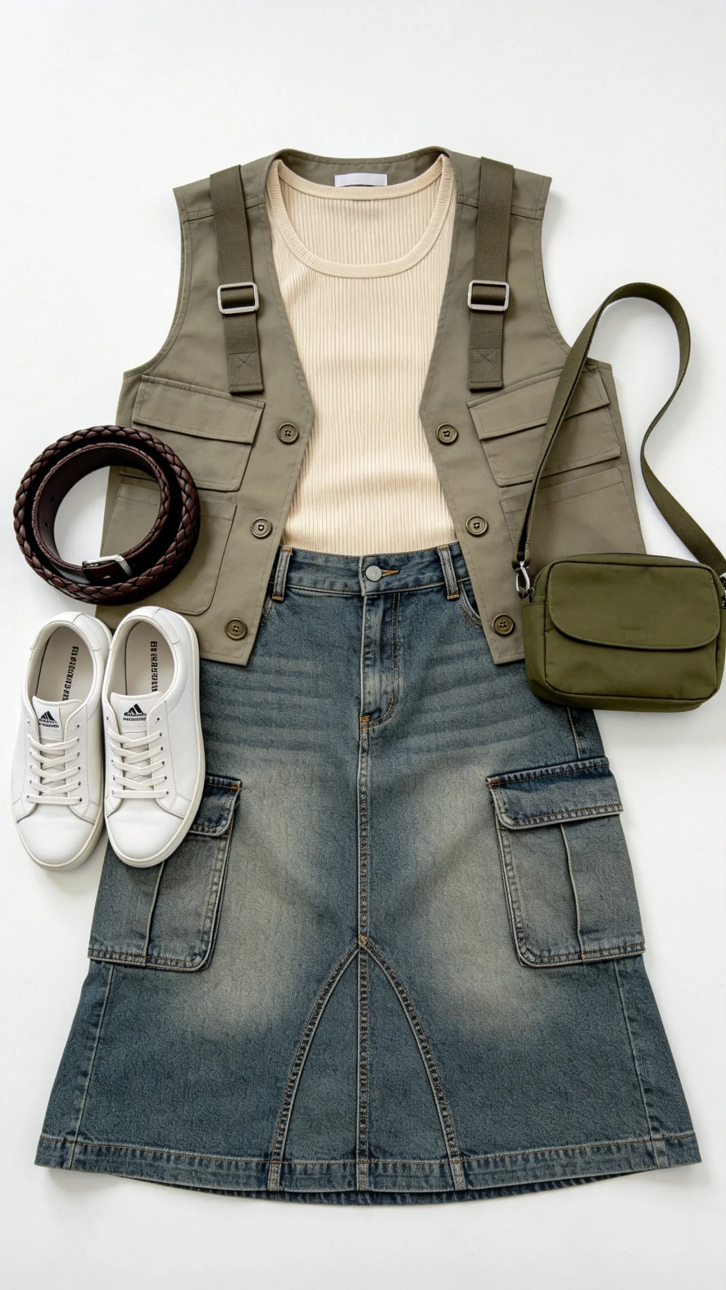 15. Utility Denim Cargo Skirt with Ribbed Tank and Utility Vest