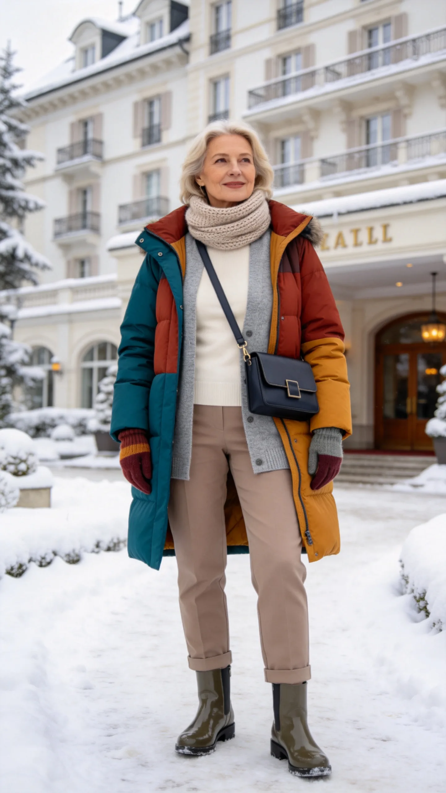 16. Layered Neutrals With a Colorful Insulated Coat