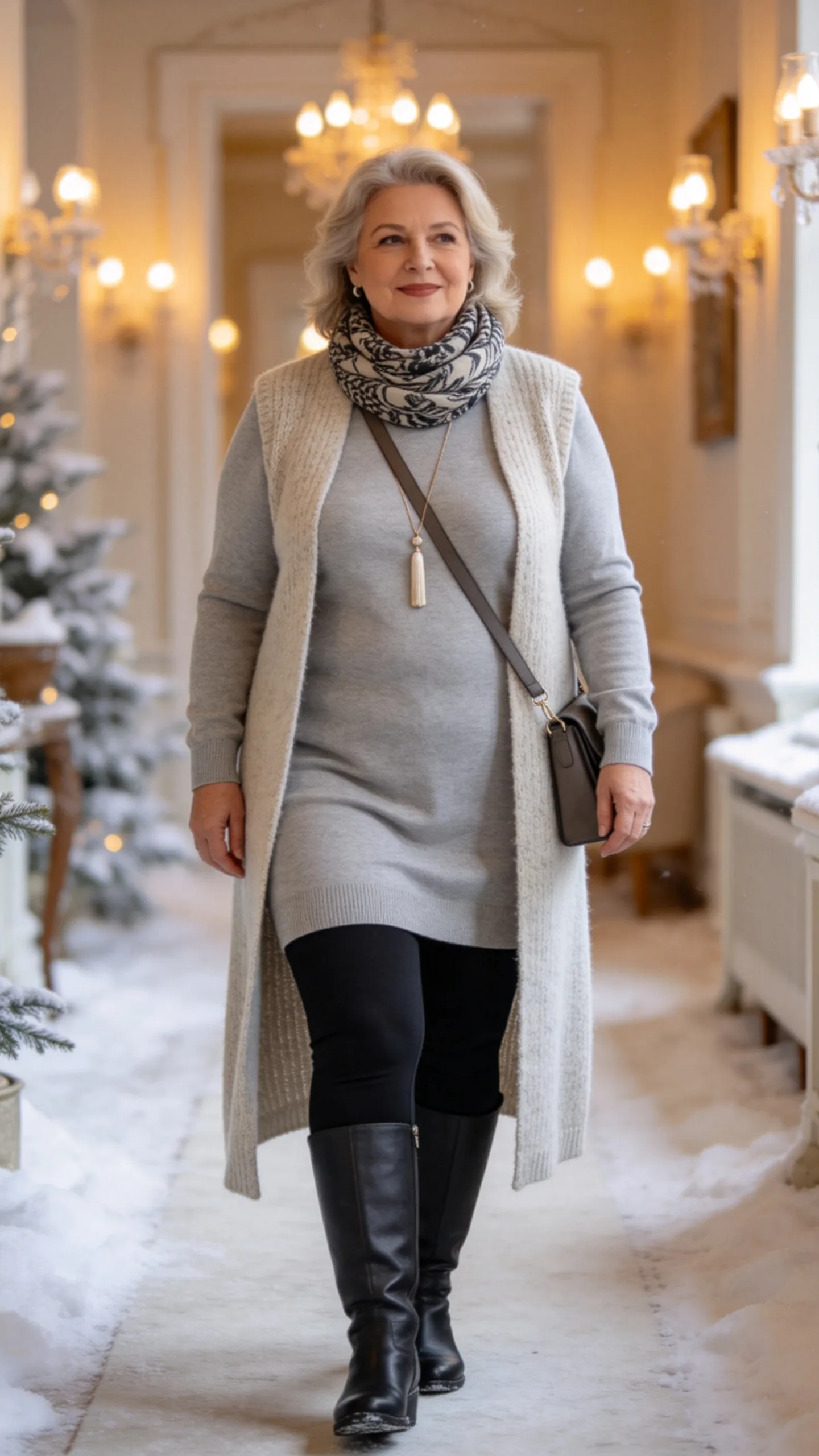 7. Long Vest Over a Tunic and Leggings