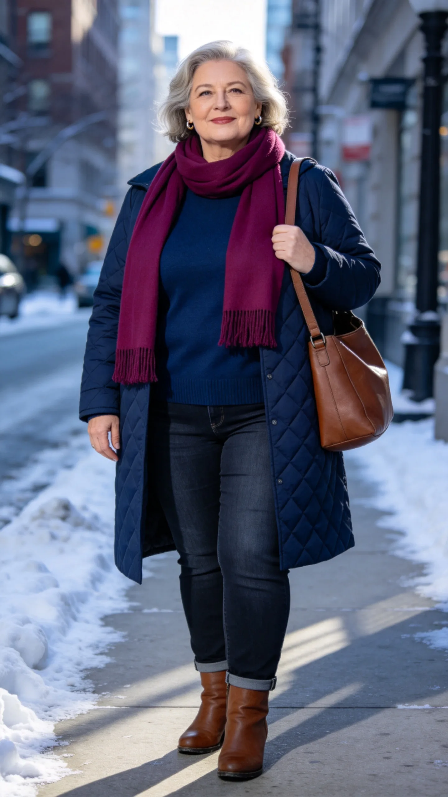 16. Monochrome Navy Layers with a Bright Scarf