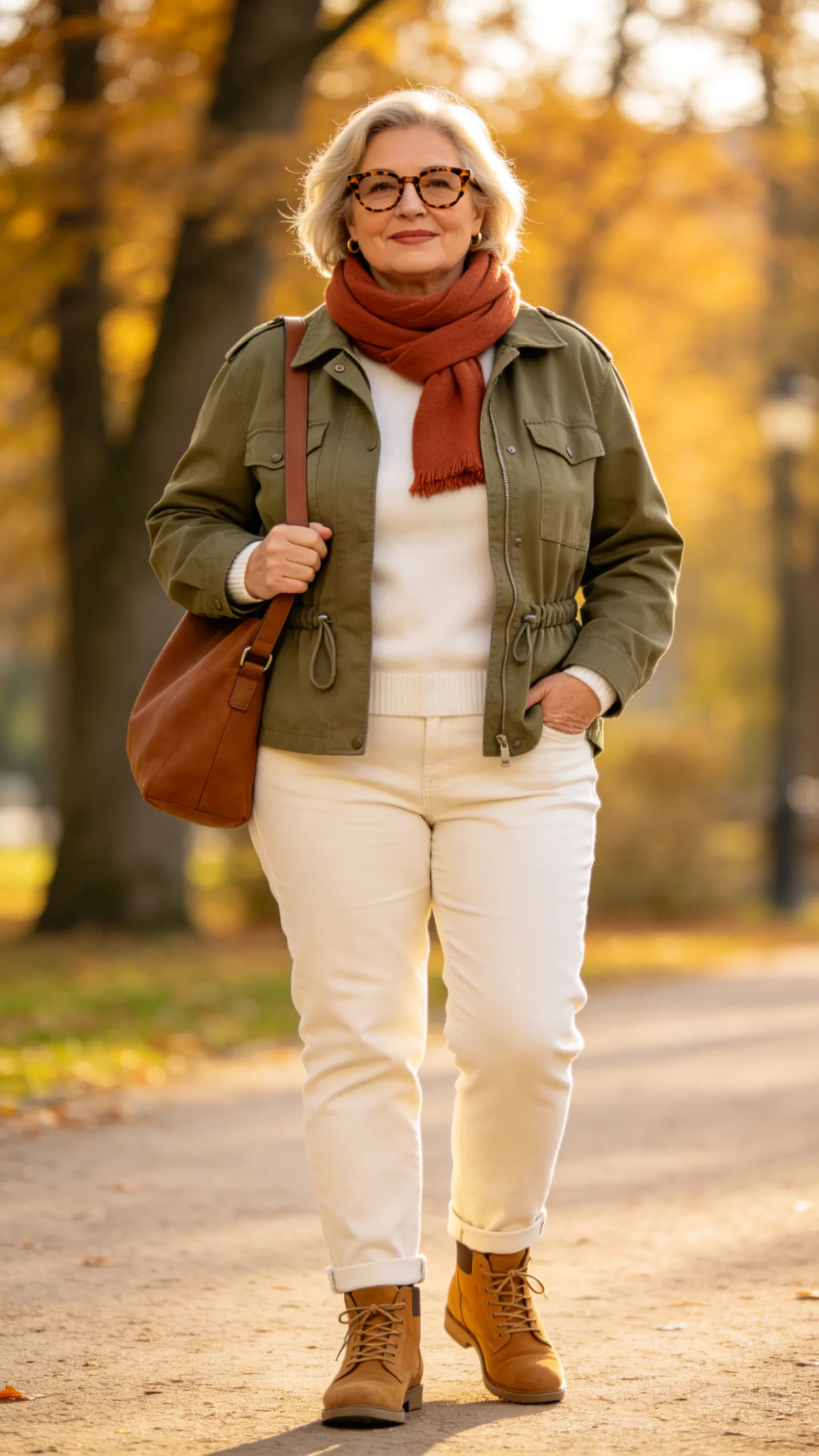 8. Olive Utility Jacket With Ecru Jeans