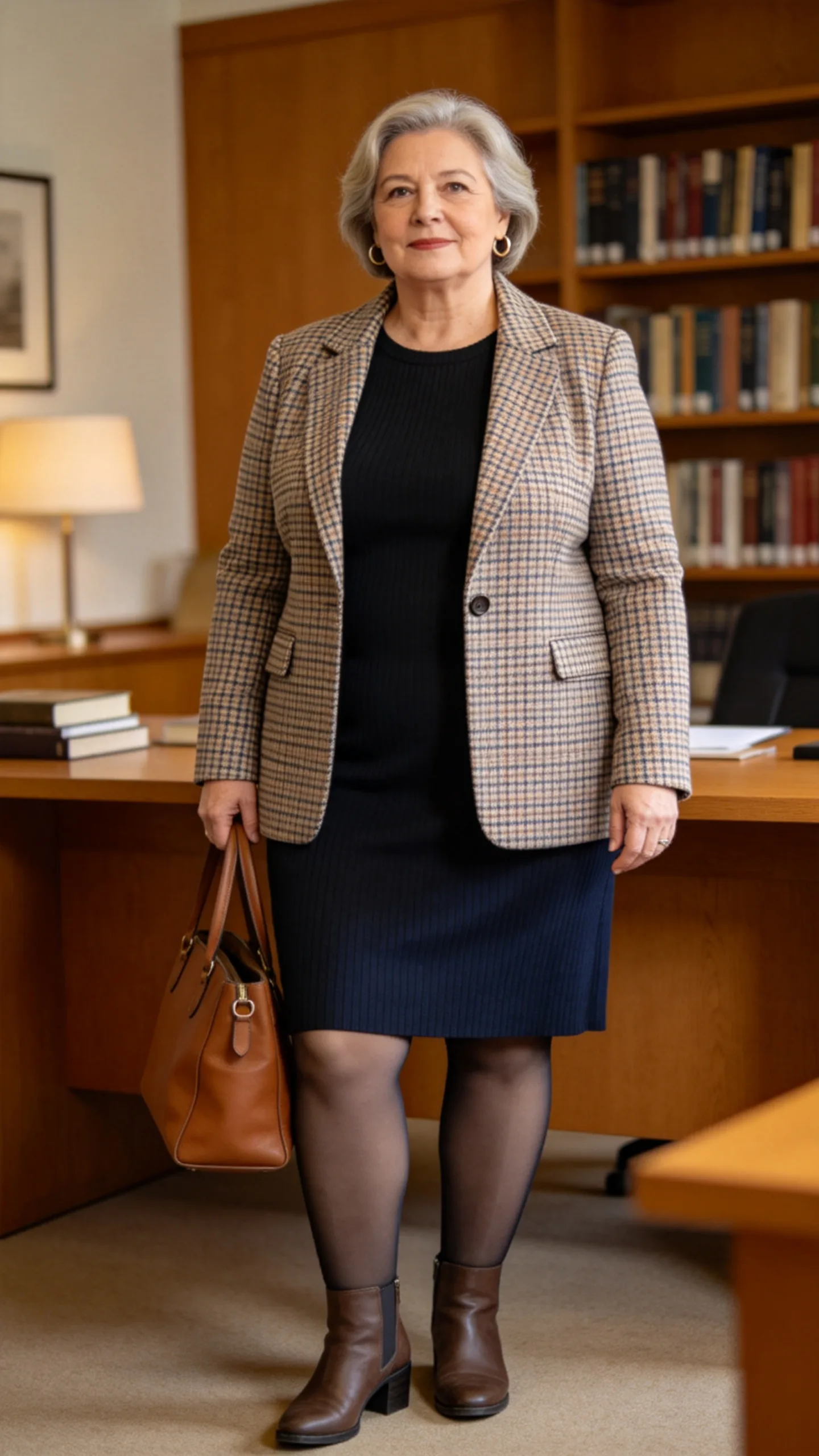 13. Plaid Blazer Over a Fine-Knit Dress