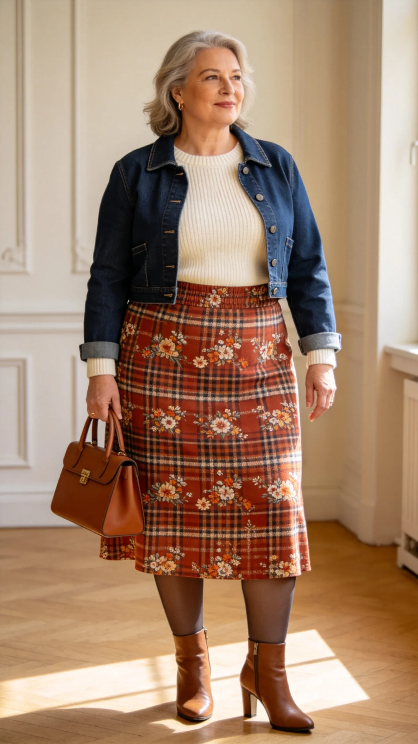 11. Printed Midi Skirt With a Chunky Sweater