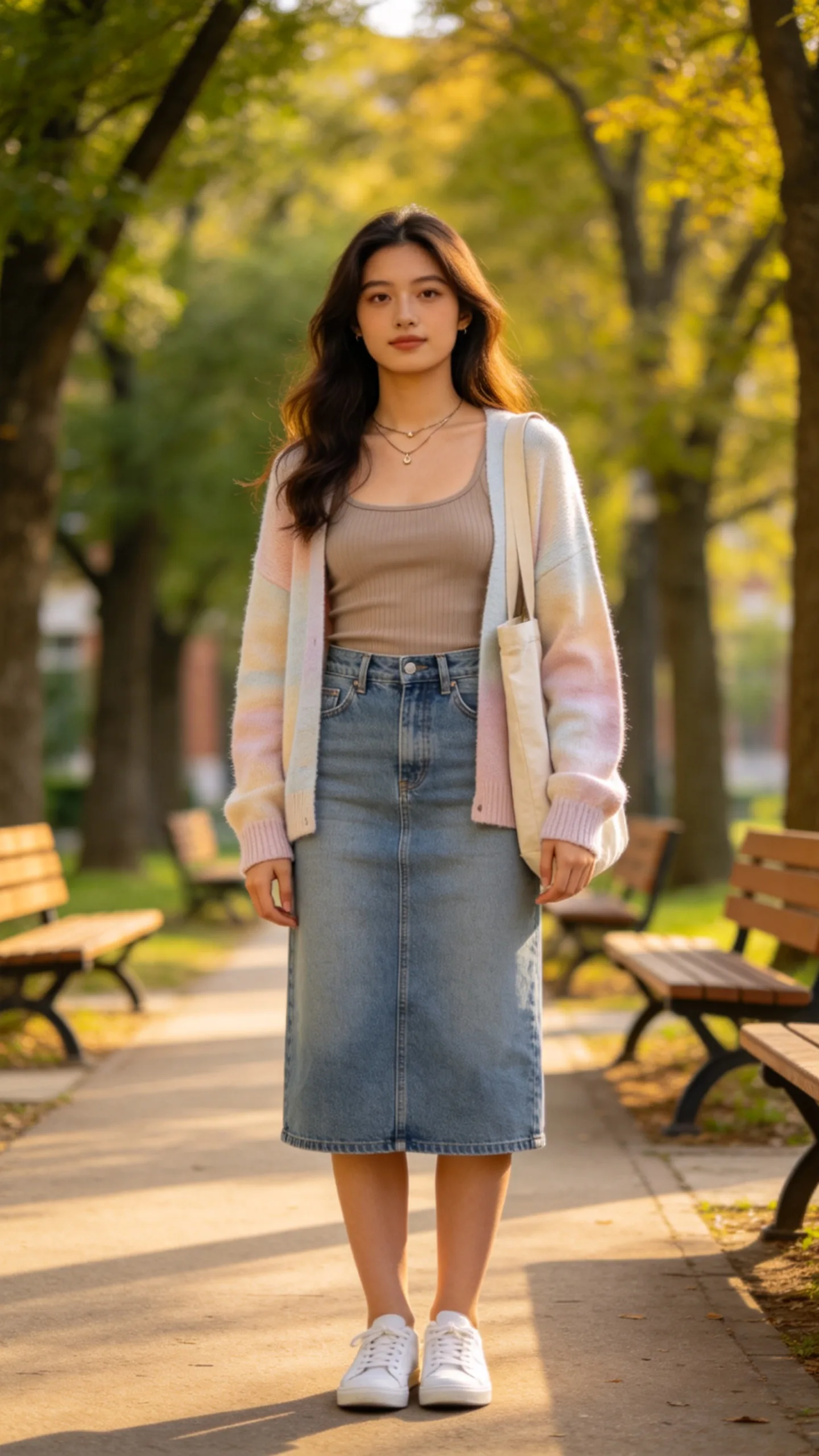 3. Denim Skirt With a Ribbed Tank and Cardigan