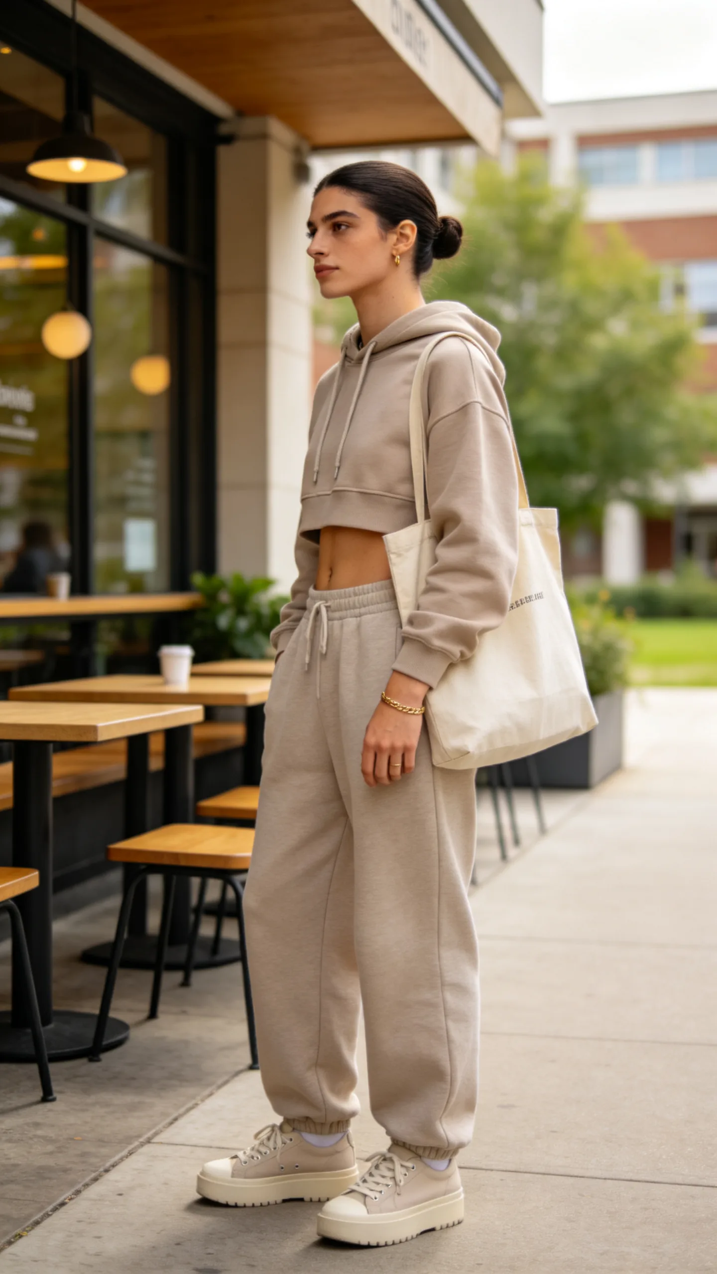 4. Wide-Leg Sweatpants With a Cropped Hoodie and Tote Bag
