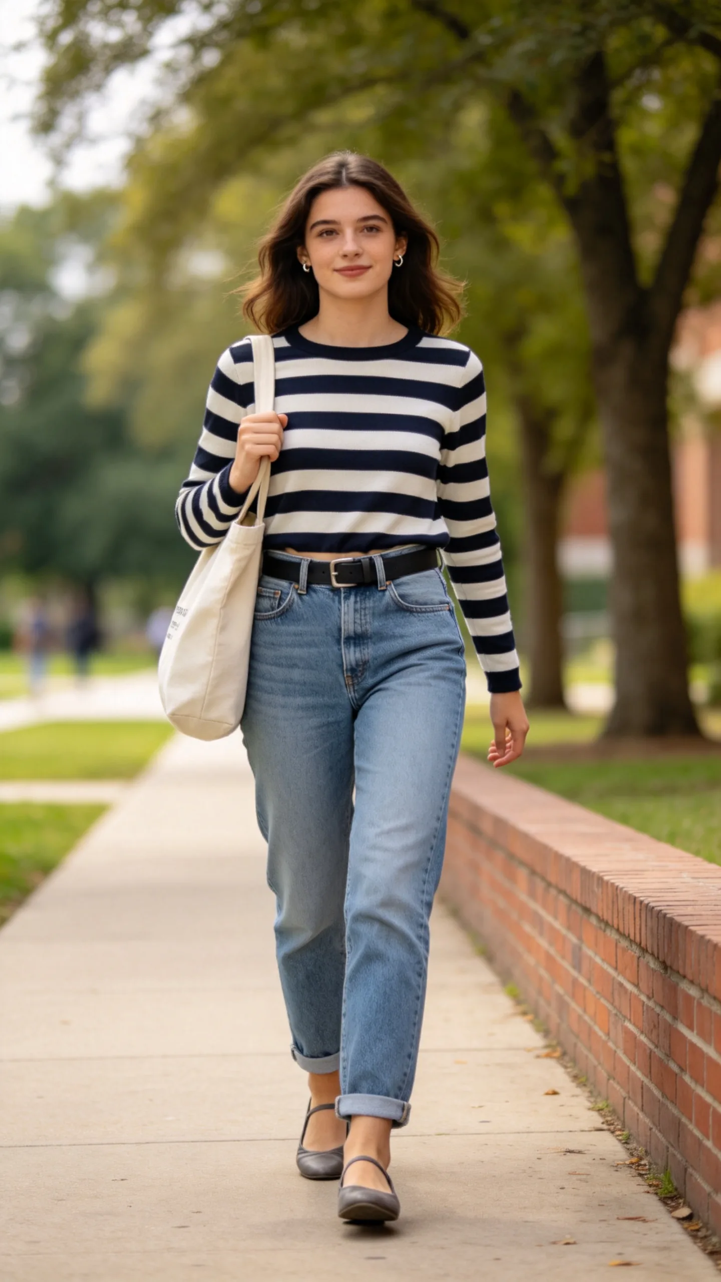 9. Mom Jeans With a Striped Long-Sleeve Top