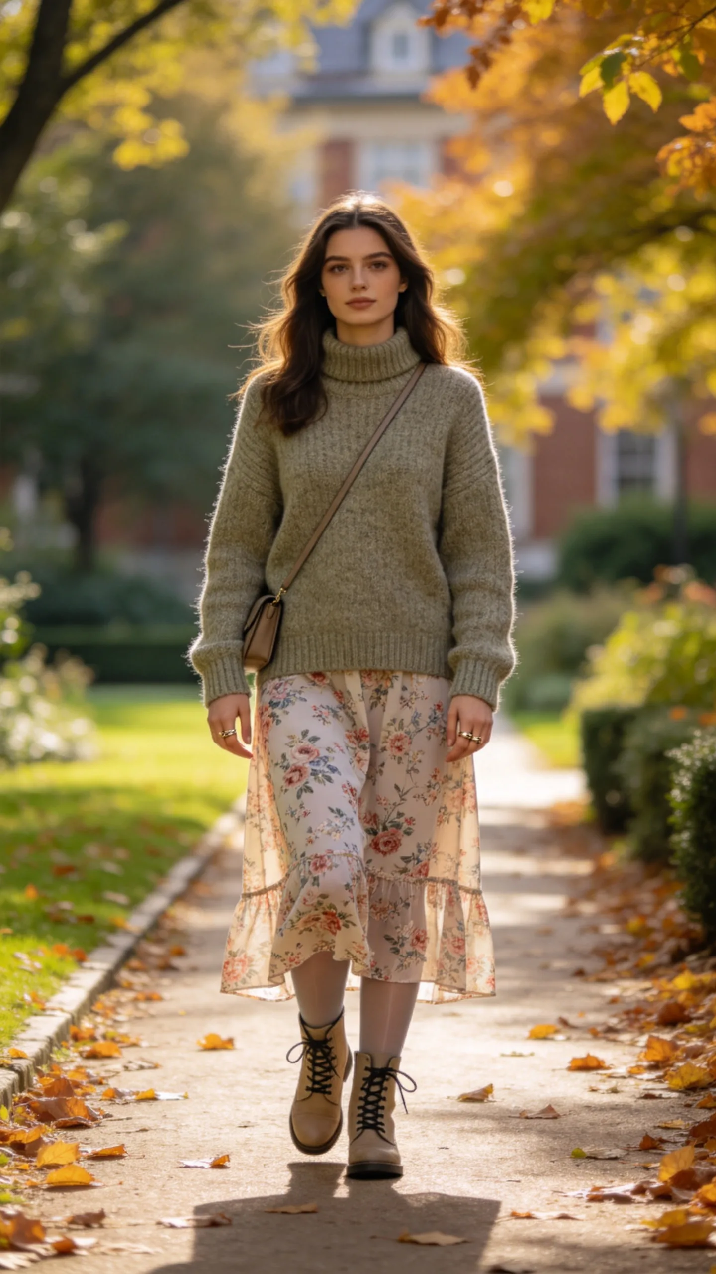 14. Floral Dress With Combat Boots and a Knit Sweater