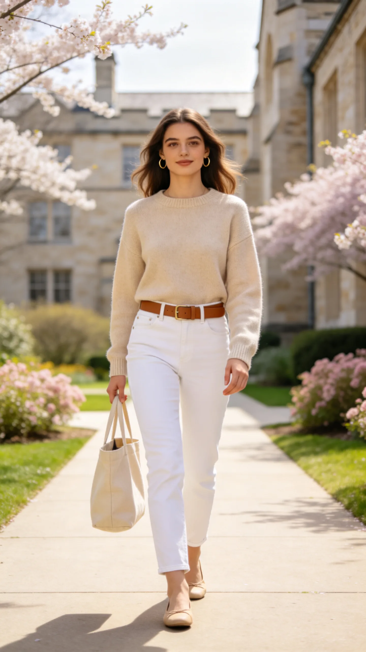 15. White Jeans With a Neutral Sweater and Flats