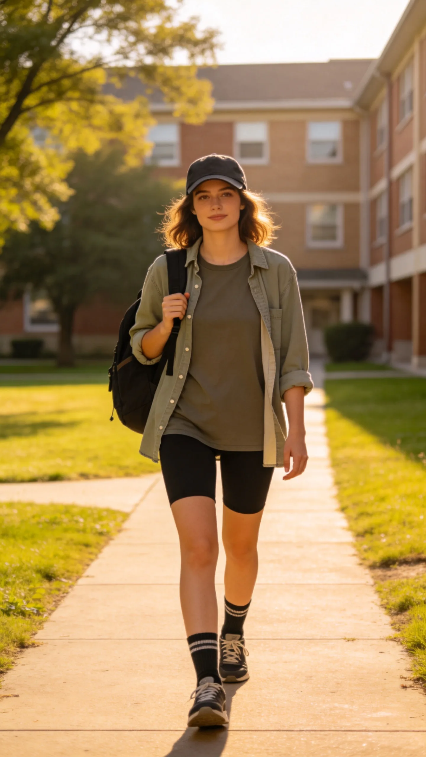 16. Bike Shorts With an Oversized Tee and Button-Down Layer