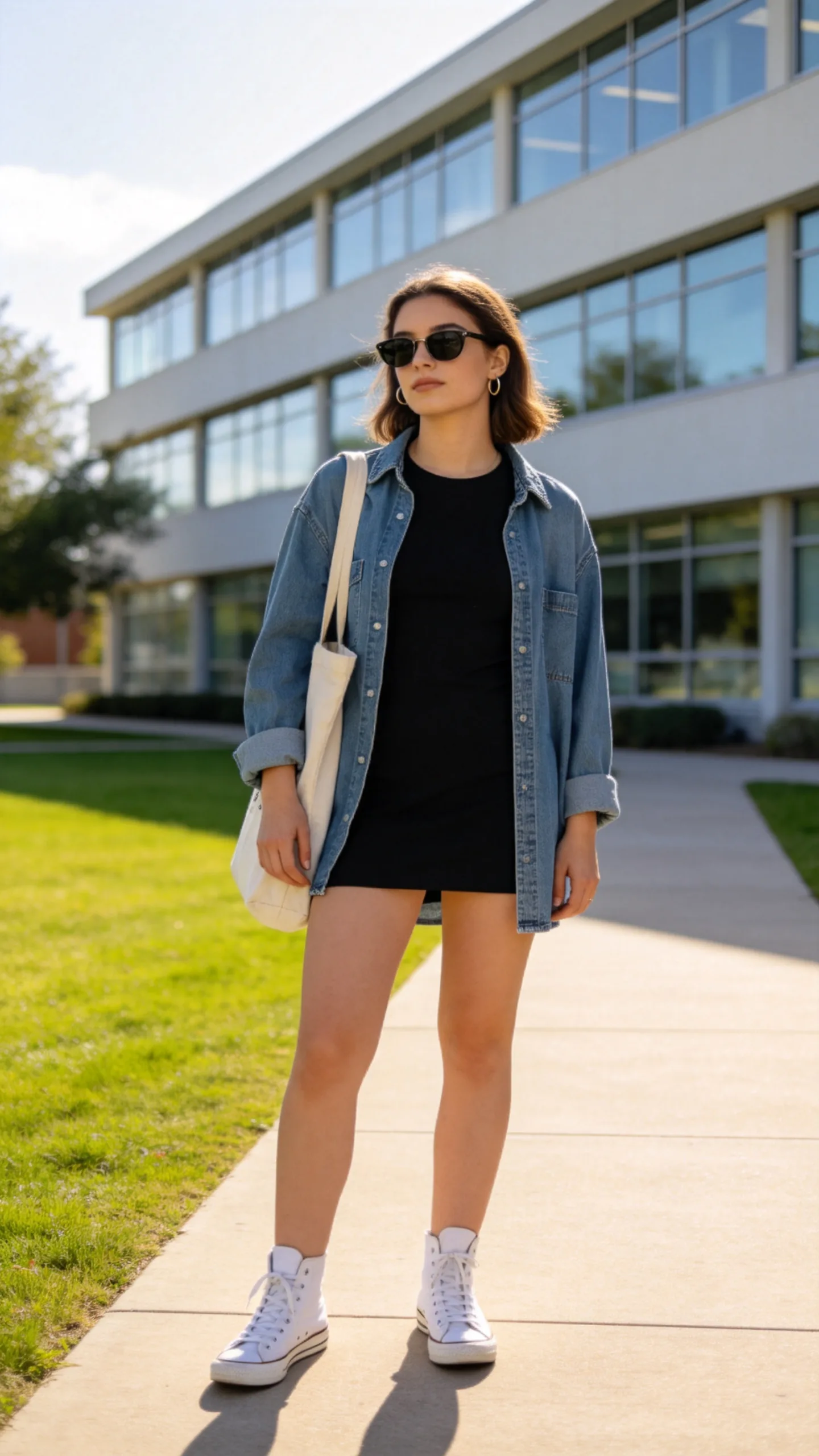 18. Black Mini Dress With a Denim Shirt and Sneakers
