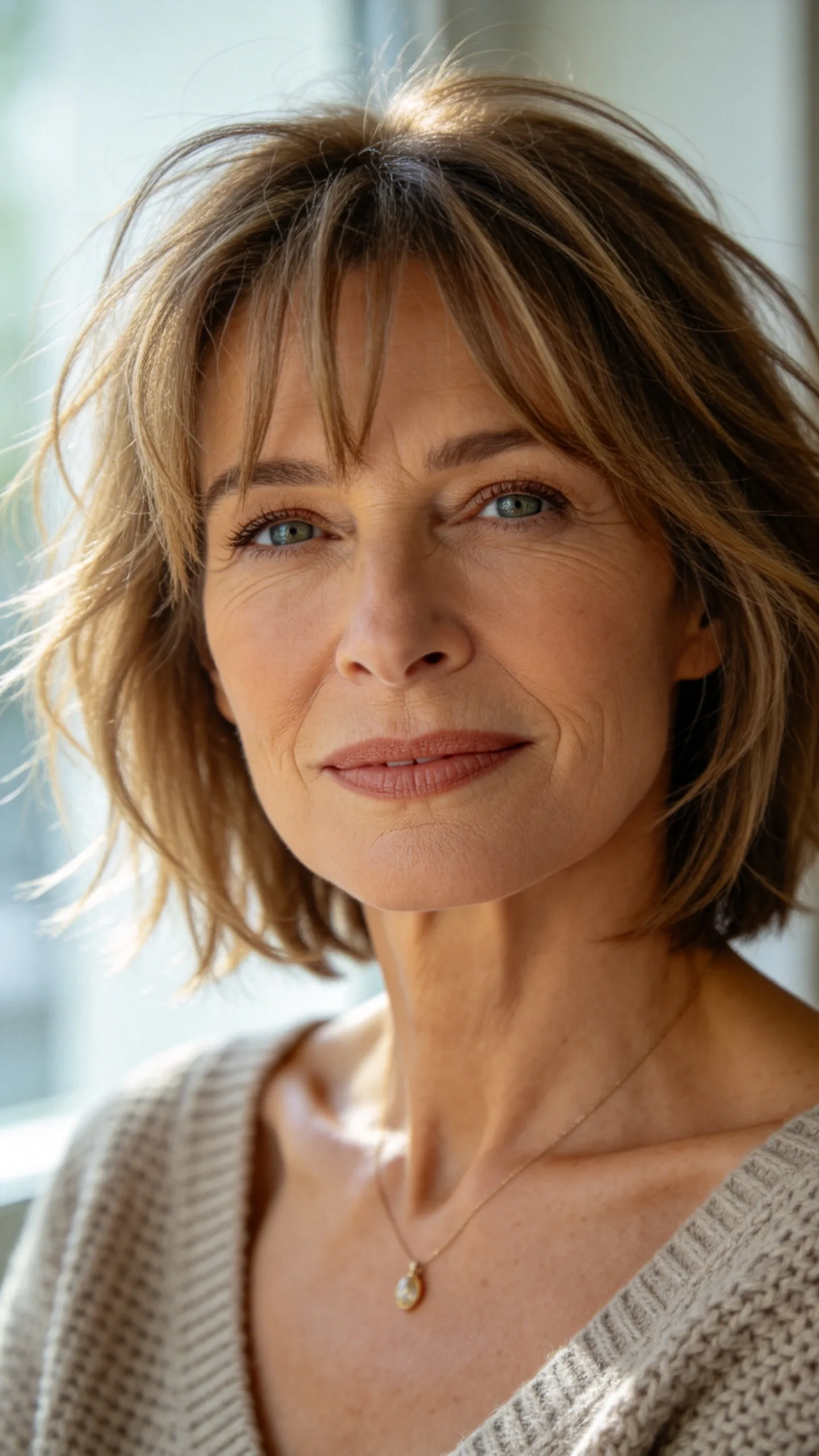 3. Tousled Layered Bob with Wispy Bangs
