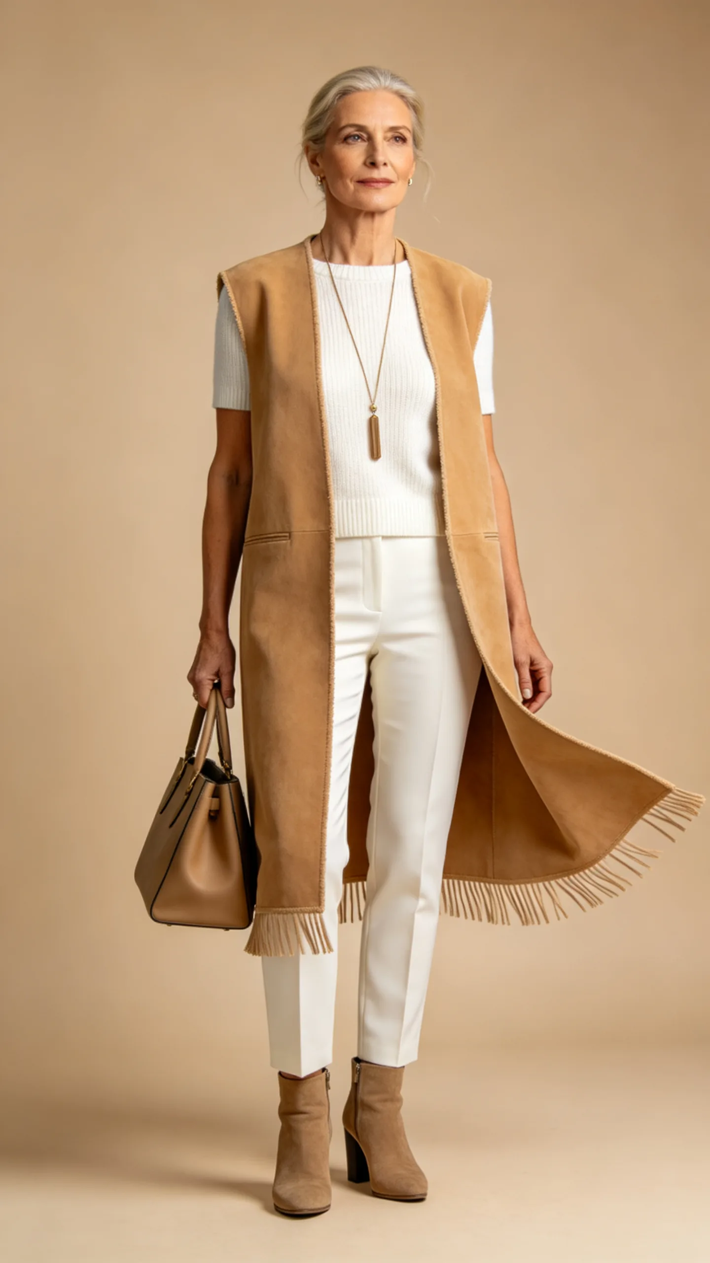10. Faux-Suede Vest Over a Monochrome Outfit